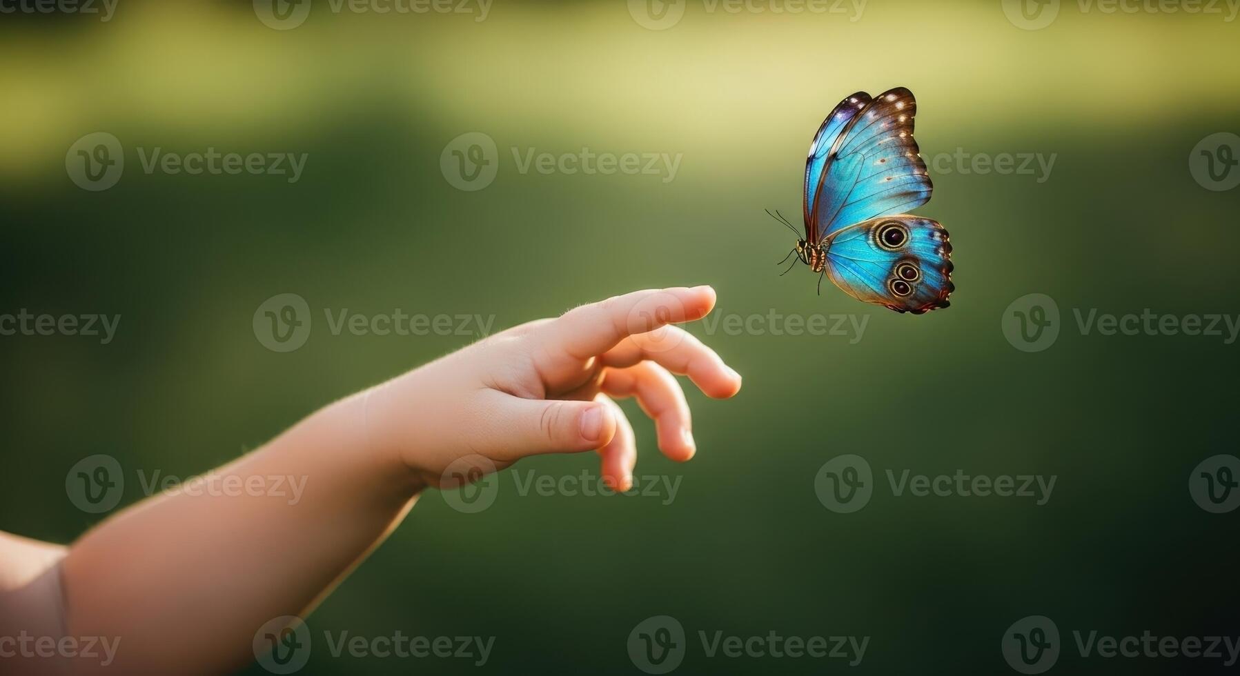 Little child hand reaching out towards a vibrant blue butterfly in flight. photo