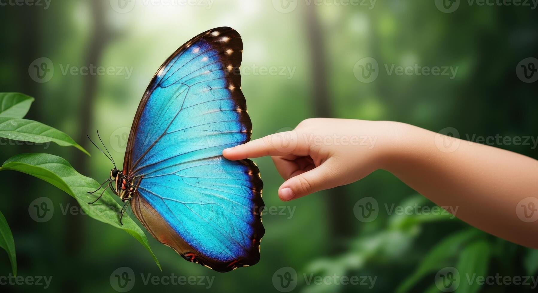 Child hand gently touches blue butterfly wing on green leaf in nature photo