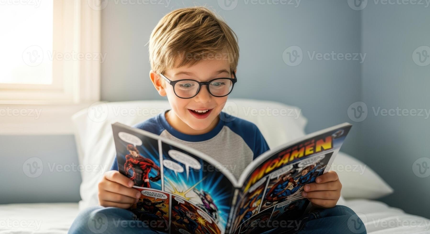 Happy young boy with glasses eagerly reading a comic book on a bed photo