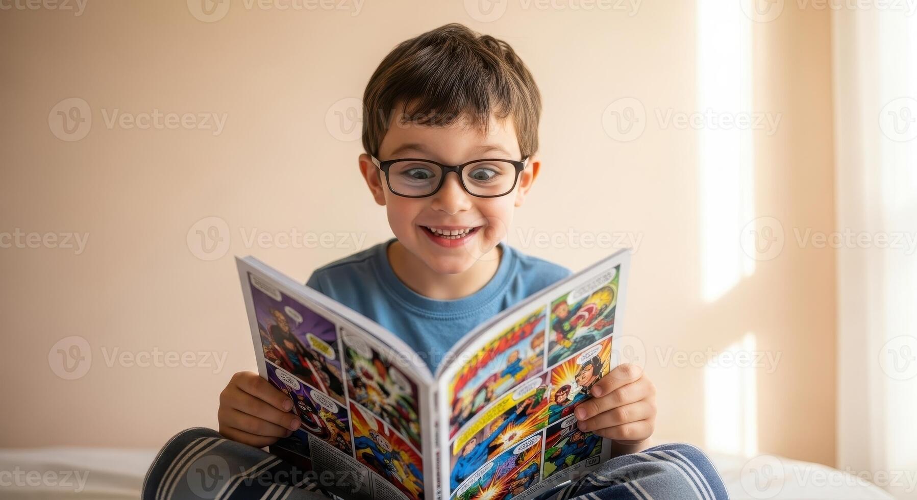 Delighted young boy with glasses eagerly reading a colorful comic book photo