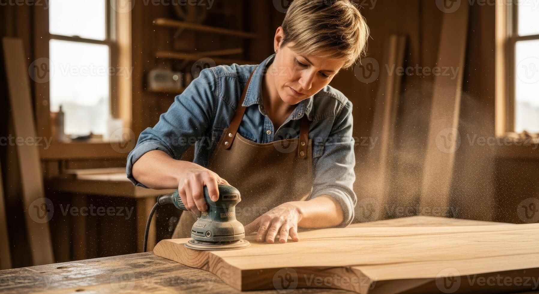 Woman carpenter sanding wood with orbital sander in workshop, sawdust flying photo