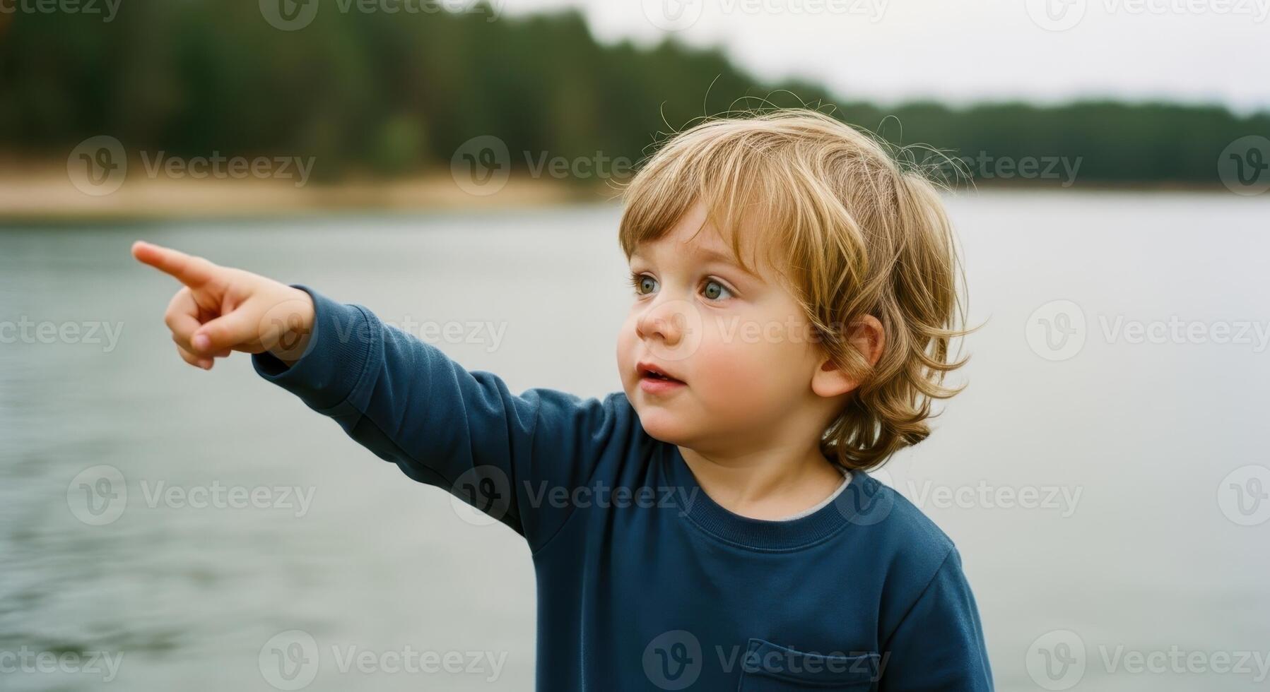 Curious young boy with blonde hair pointing with wonder by a calm lake photo