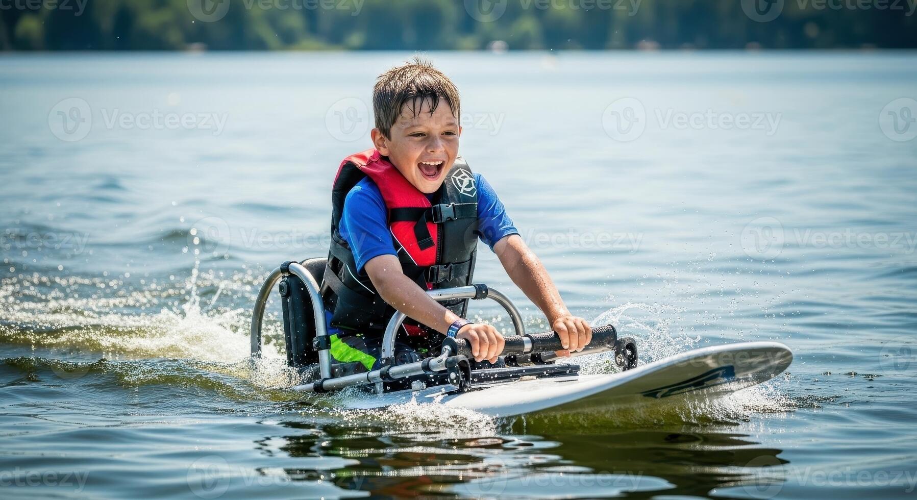 Happy young boy with physical disability enjoying adaptive water skiing on a sunny lake photo