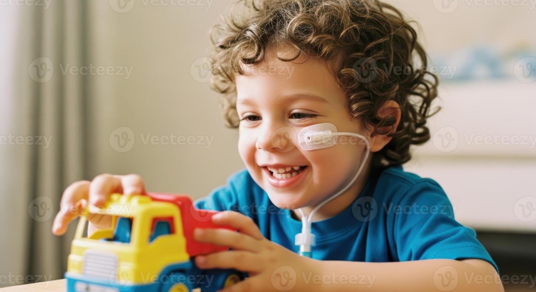 Happy child with feeding tube playing with toy truck, showing resilience and joy photo