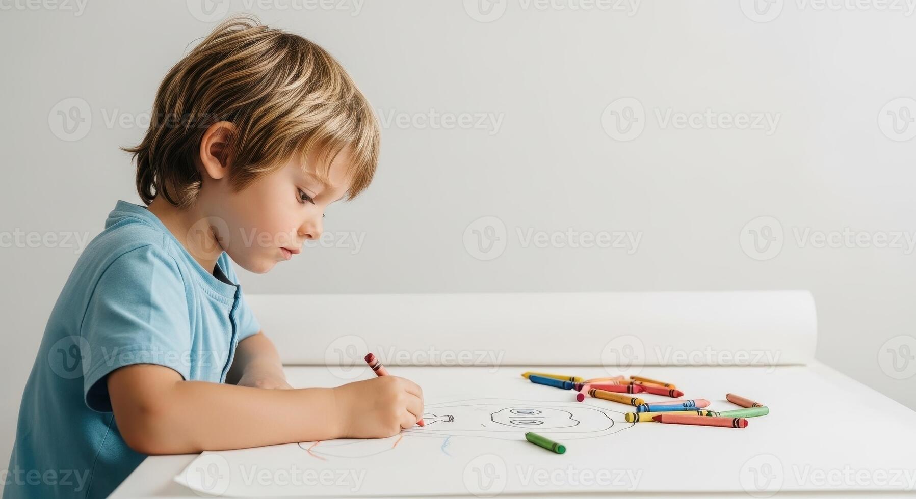 Young boy intently focused on drawing with colorful crayons on a large white paper photo