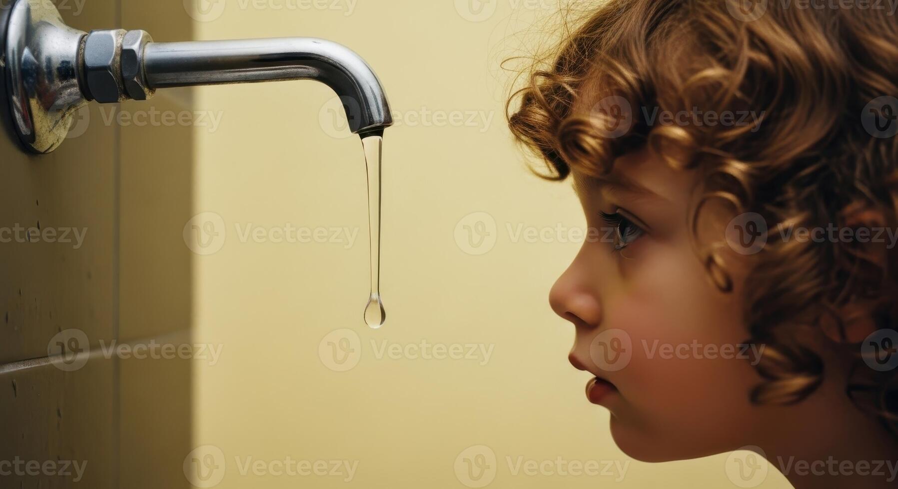 Curious child watching a single drop of water falling from a dripping faucet photo