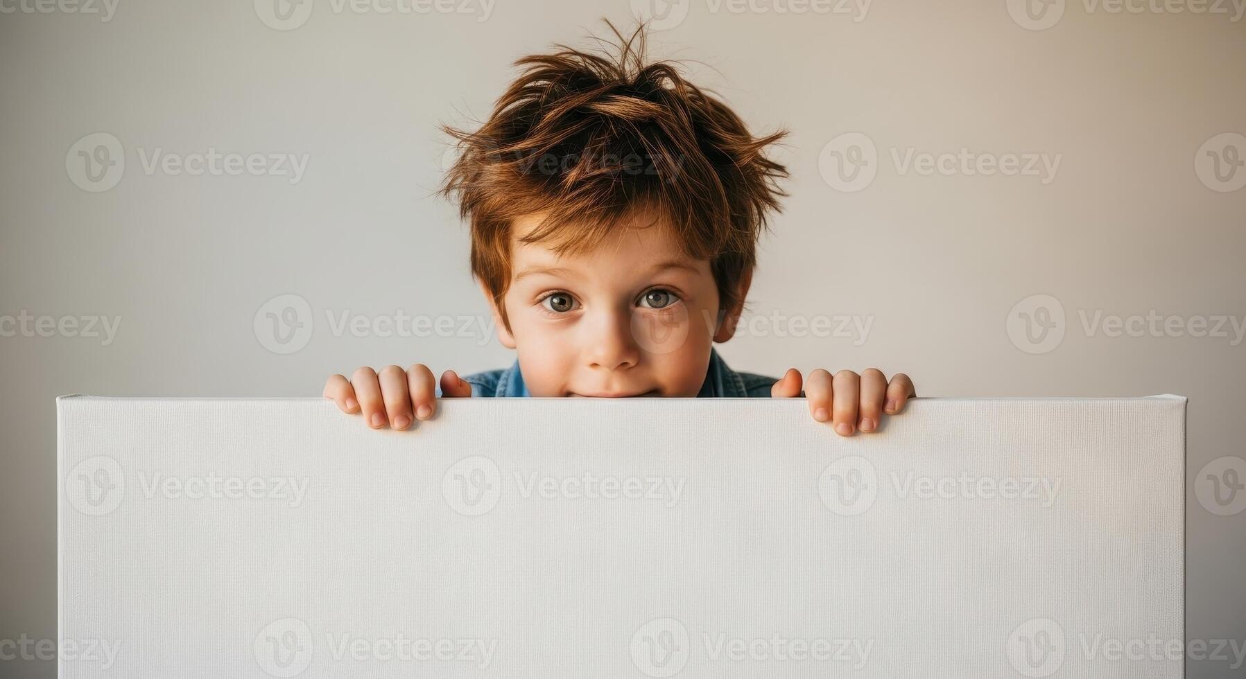 Curious young boy peeking over blank white canvas with copy space photo