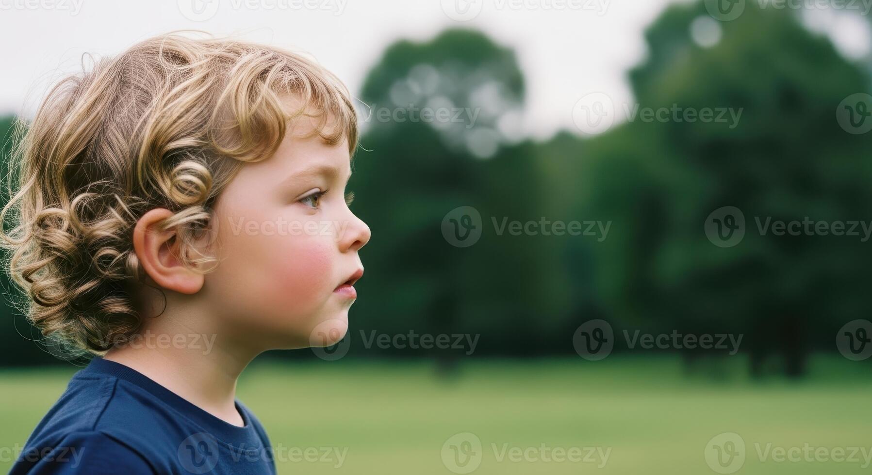 Close up profile of a young boy with blonde curly hair looking intently outdoors photo