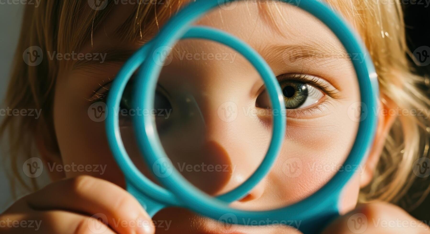 Young child green eye magnified by blue toy glass in close up view photo