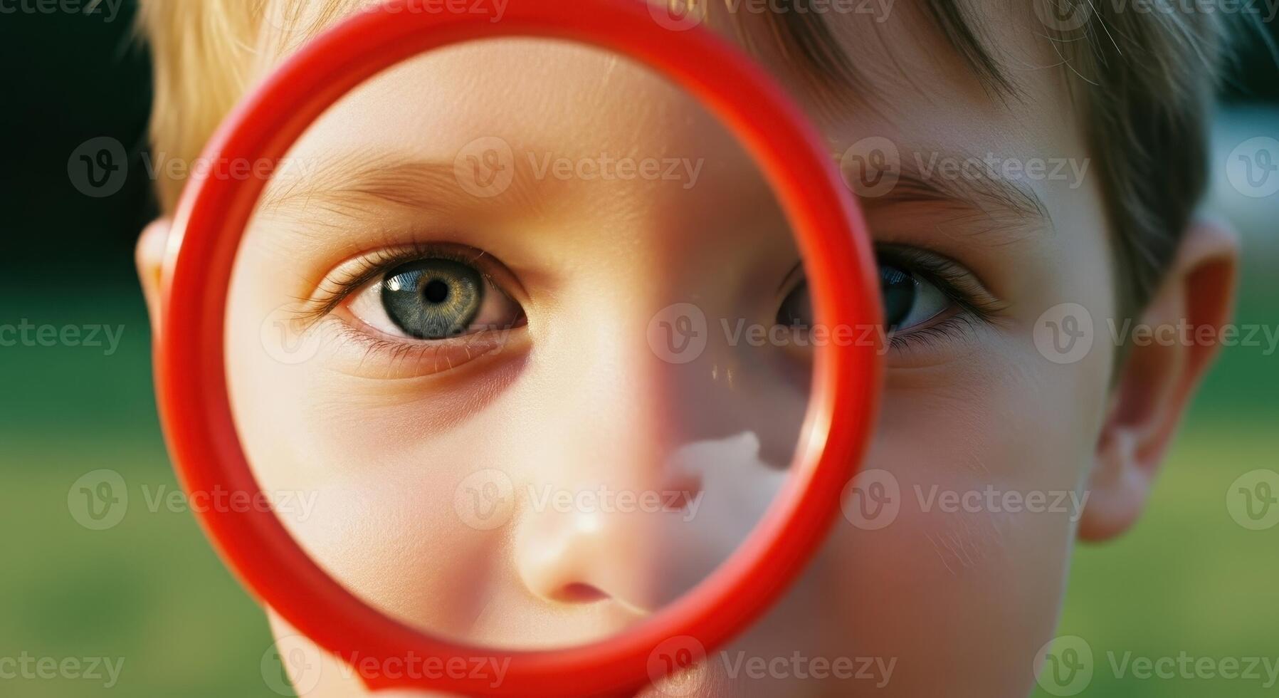 Curious young boy eye magnified by a red toy magnifying glass, close up. photo