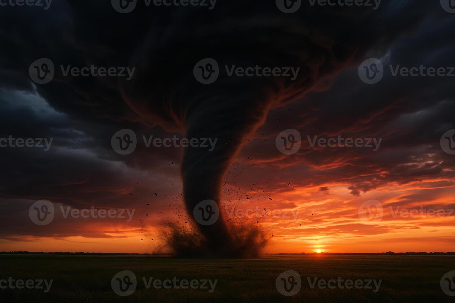 Powerful tornado swirling through an open field at dramatic sunset with ominous clouds photo