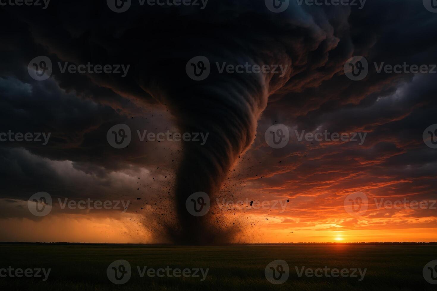 Powerful swirling tornado tearing through an open field at sunset with ominous clouds photo
