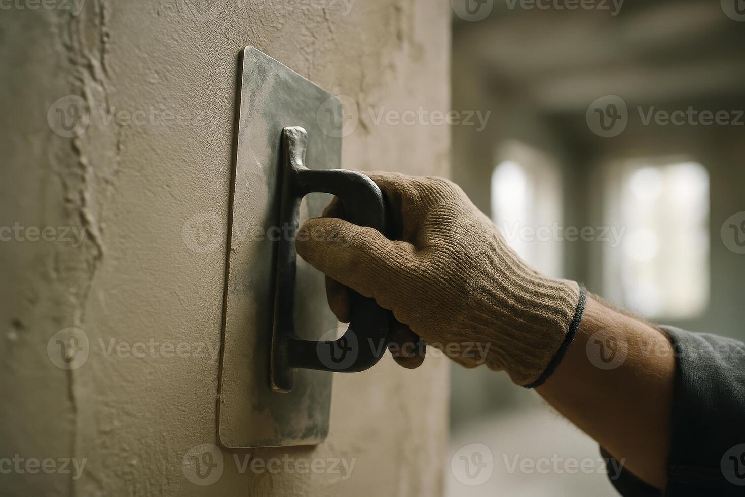 Construction worker hand smoothing plaster wall with trowel during renovation photo