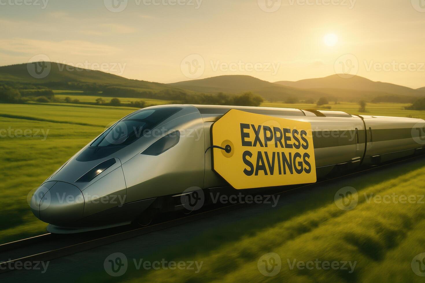 Modern high speed train with express savings tag gliding through green fields photo
