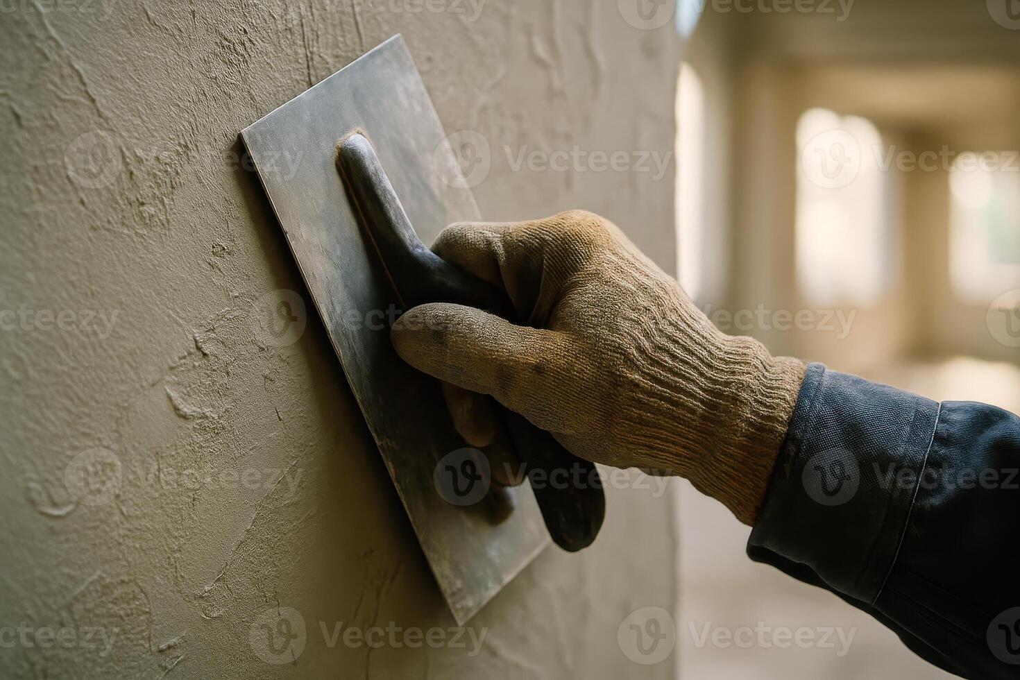 A builder gloved hand smoothing fresh plaster on a wall with a trowel during renovation. photo