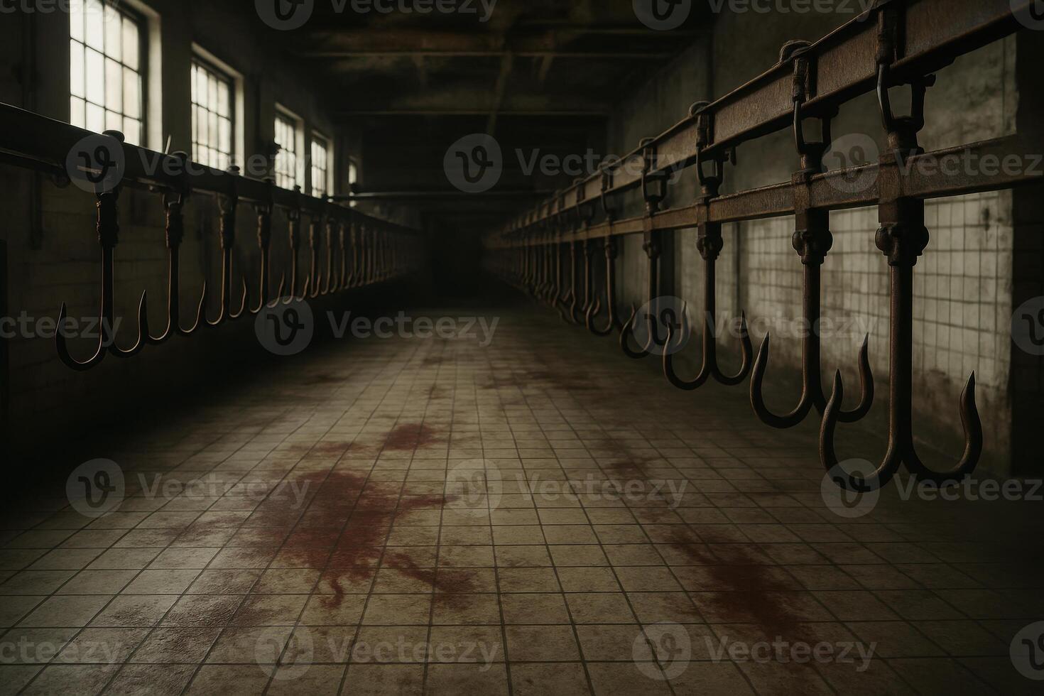 Chilling abandoned industrial meat processing plant with rusty hooks and bloodstains on floor photo