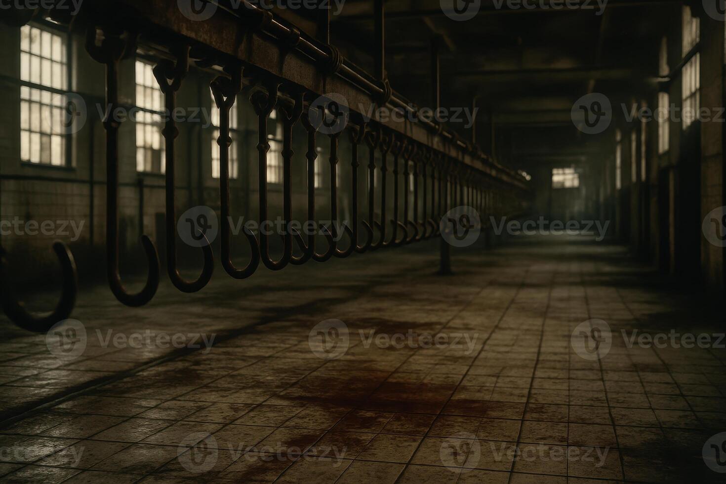 Chilling, dark, and abandoned industrial meat processing plant with rusty hooks hanging from a rail photo