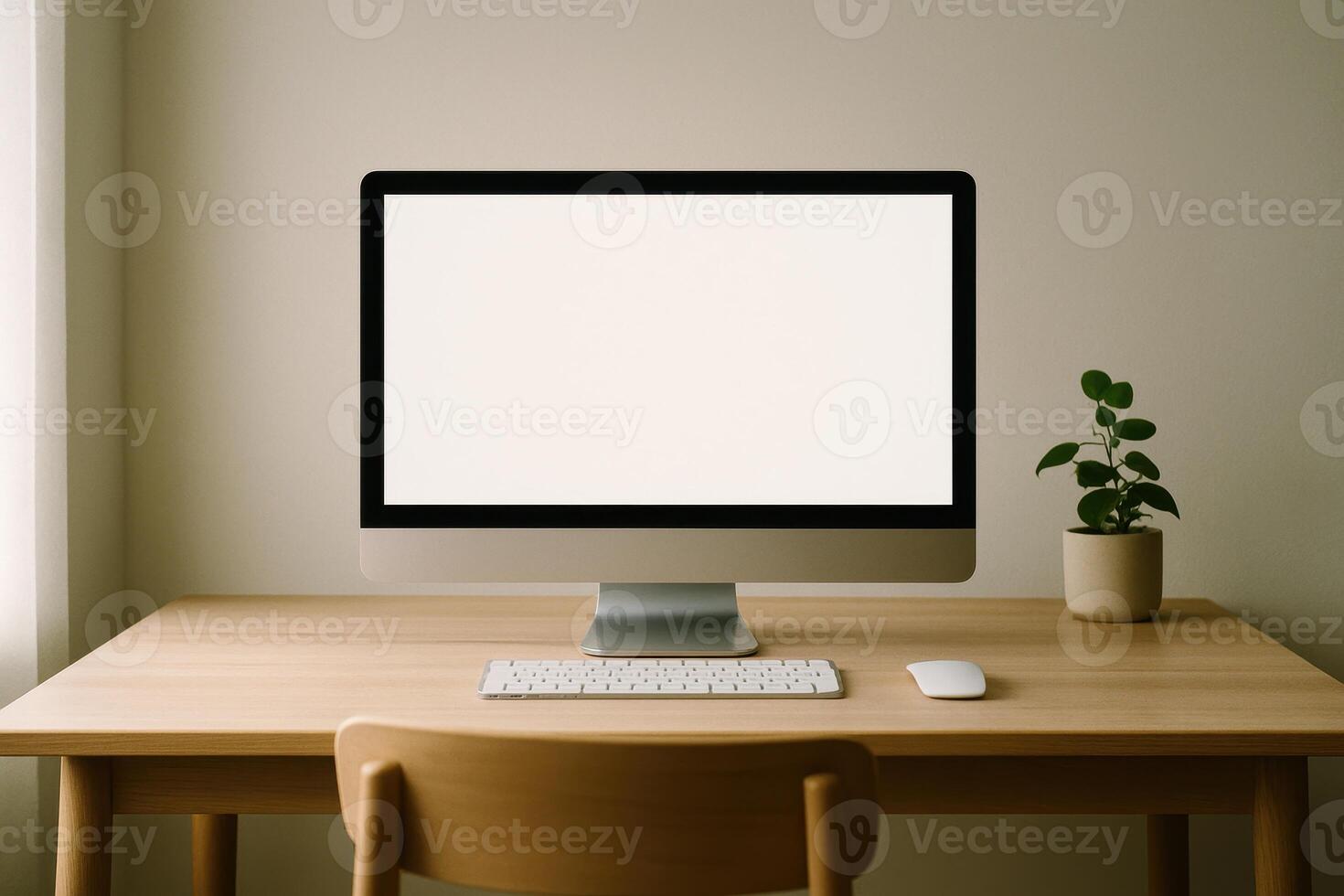 Modern minimalist home office desk with blank computer monitor and potted plant photo