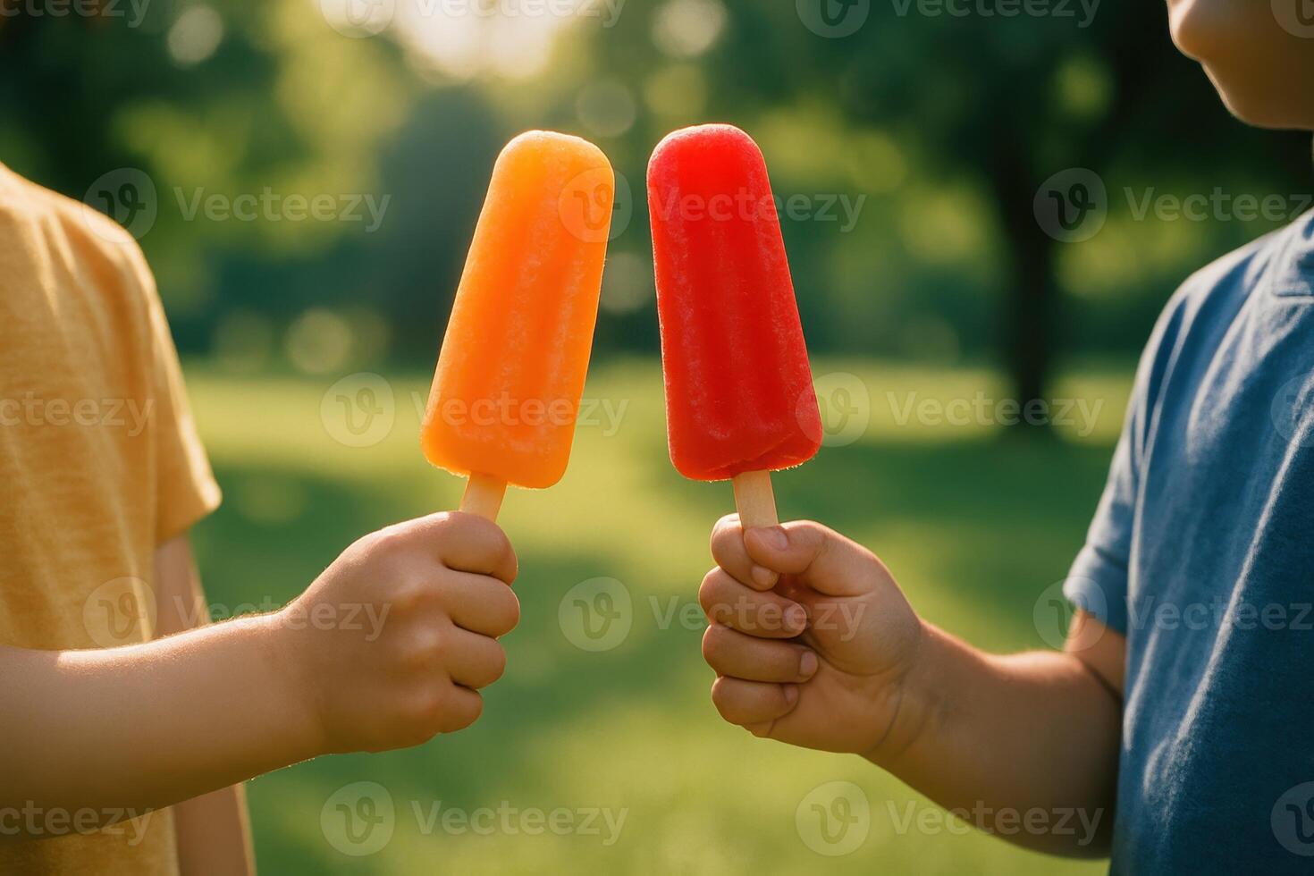 Children hands holding bright red and orange popsicles on a sunny summer day photo