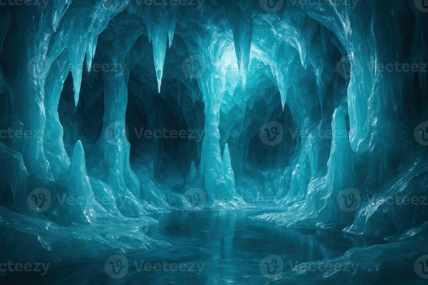 Colossal blue ice cave interior with intricate frozen formations and reflective water photo