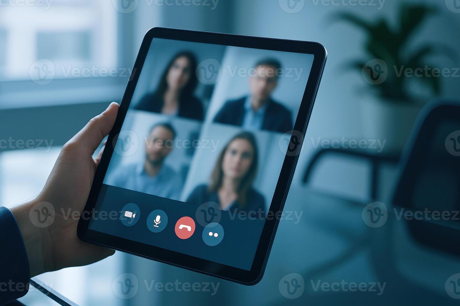Hand holding digital tablet displaying a virtual meeting with blurred participants photo