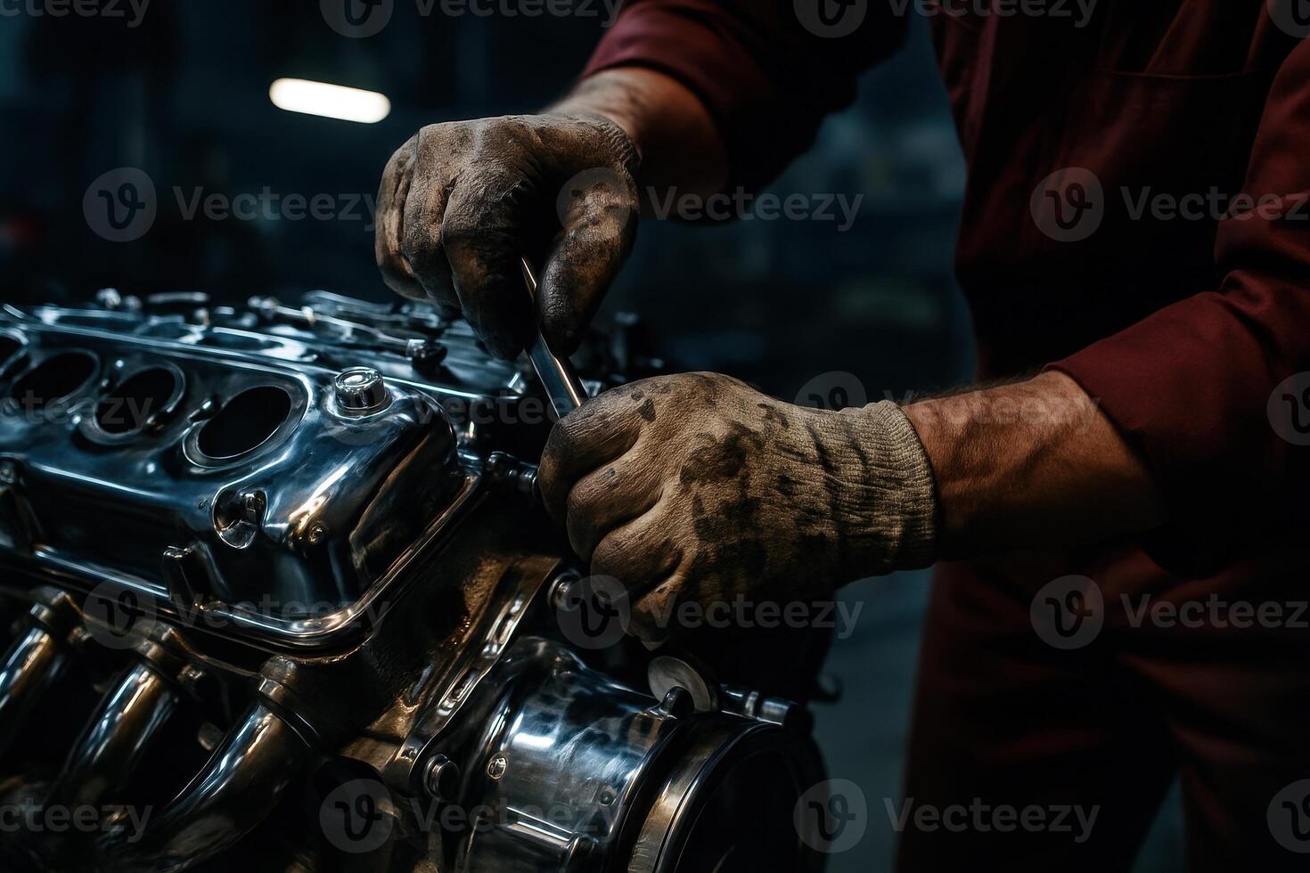 Skilled automotive mechanic hands tightening a bolt on a gleaming car engine in a workshop photo