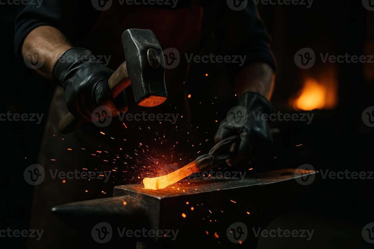 Blacksmith shaping hot metal with hammer on anvil, sparks flying in dark workshop. photo