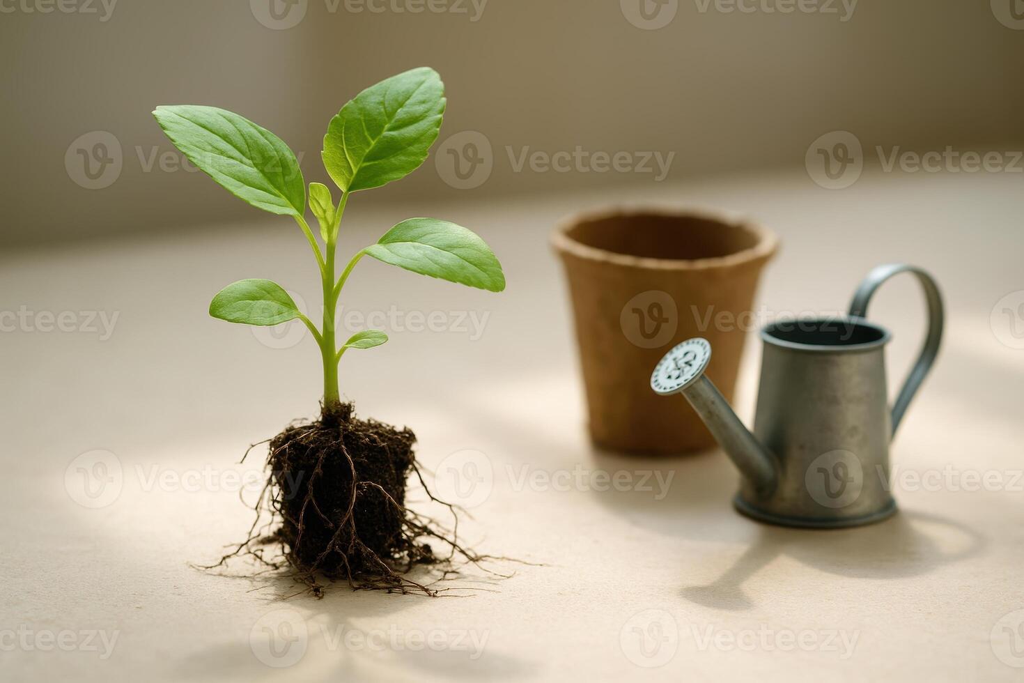 Young green plant seedling with exposed roots, a small pot, and a miniature watering can for gardening photo