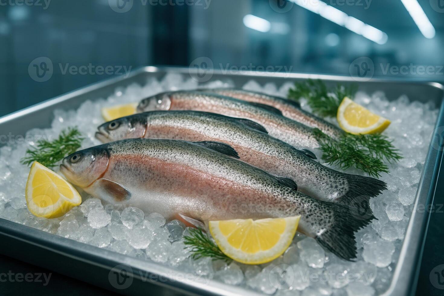 Fresh rainbow trout on crushed ice with lemon slices in a stainless steel tray photo