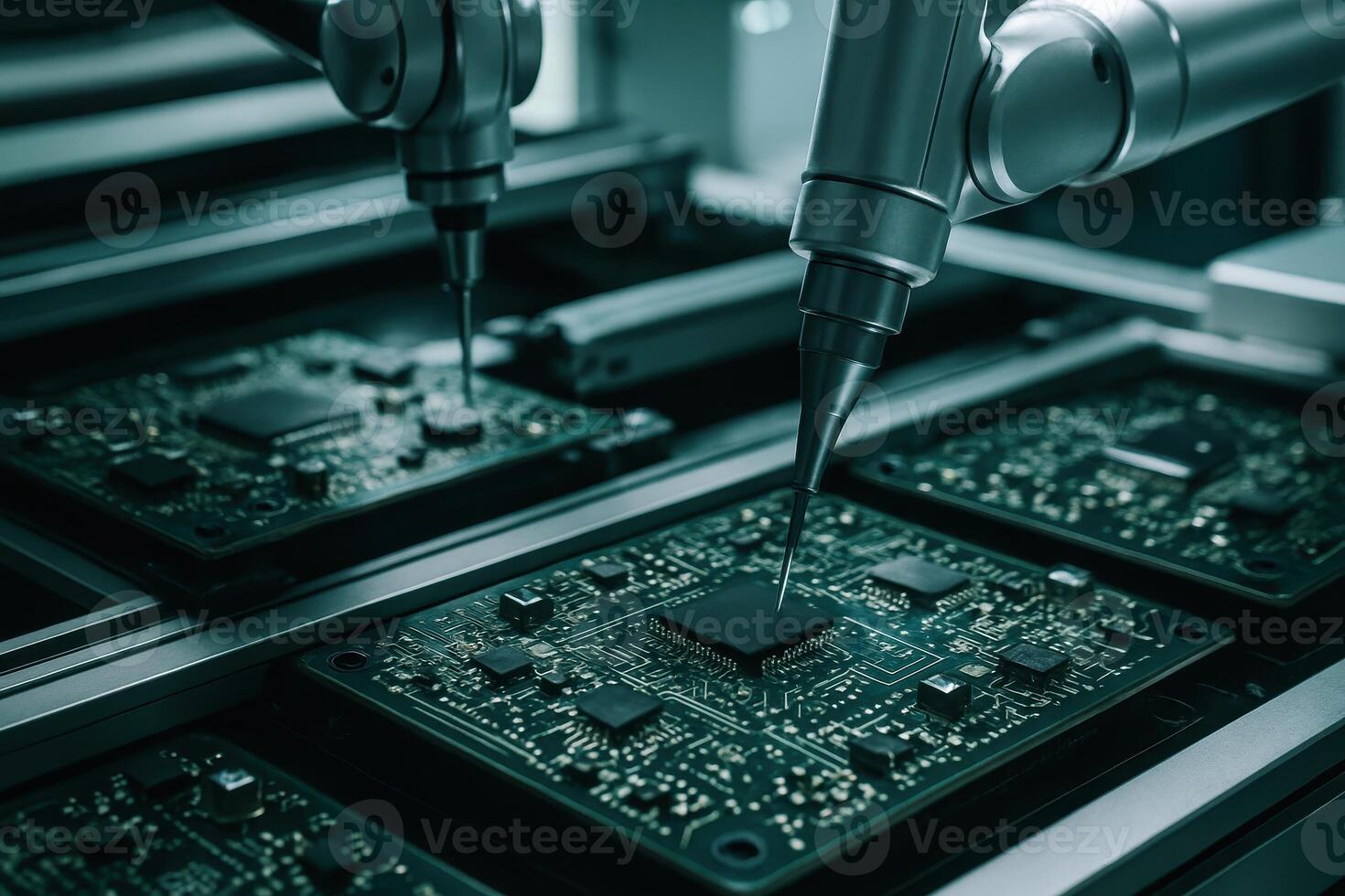 Robotic arm precisely assembling intricate electronic circuit boards on an automated production line photo