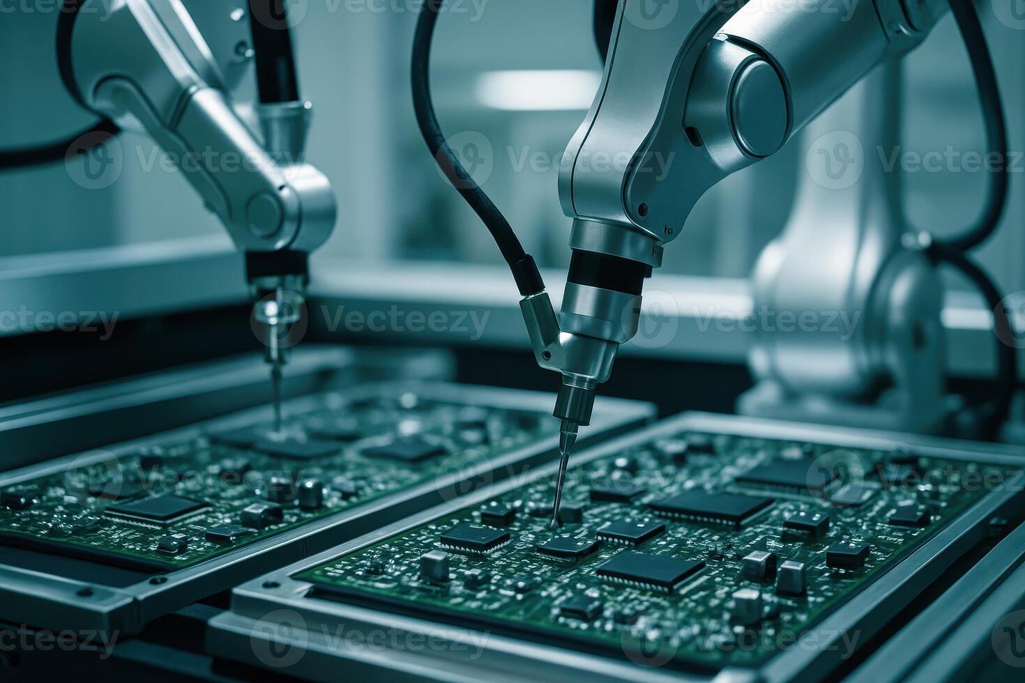 Automated robotic arms assembling electronic circuit boards in a high tech factory photo