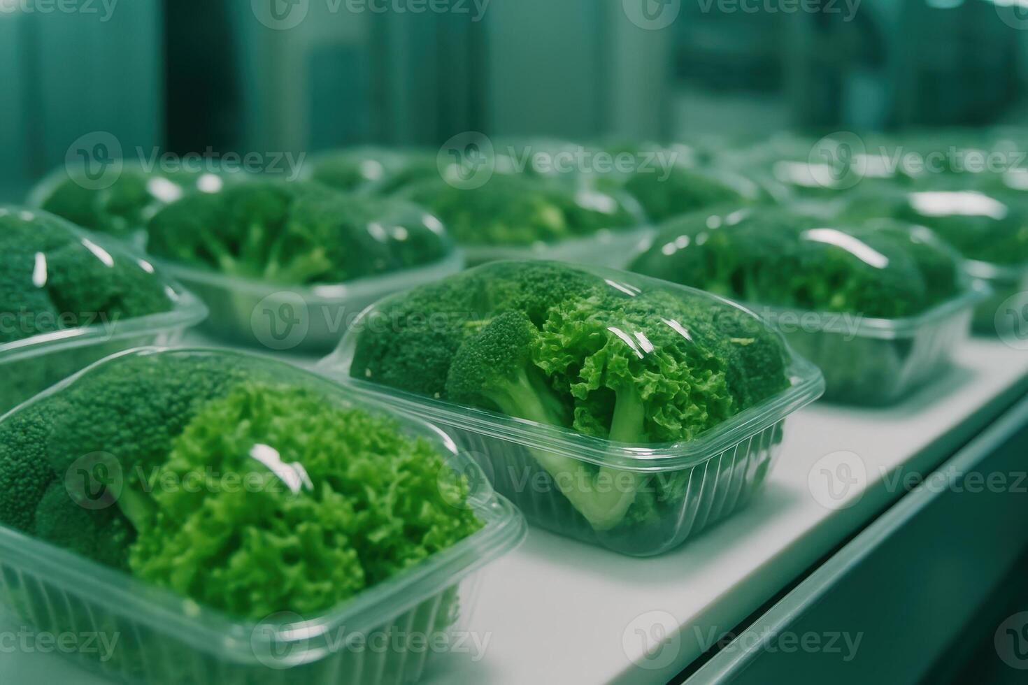 Fresh green broccoli and lettuce packed in clear plastic containers on a food production line photo