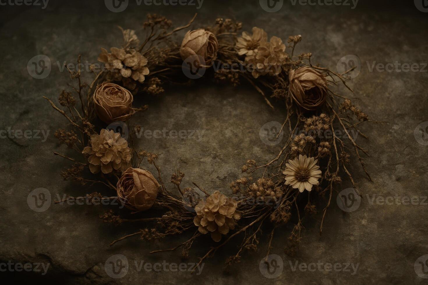 Rustic dried flower and twig wreath on weathered stone surface, natural autumn decoration photo