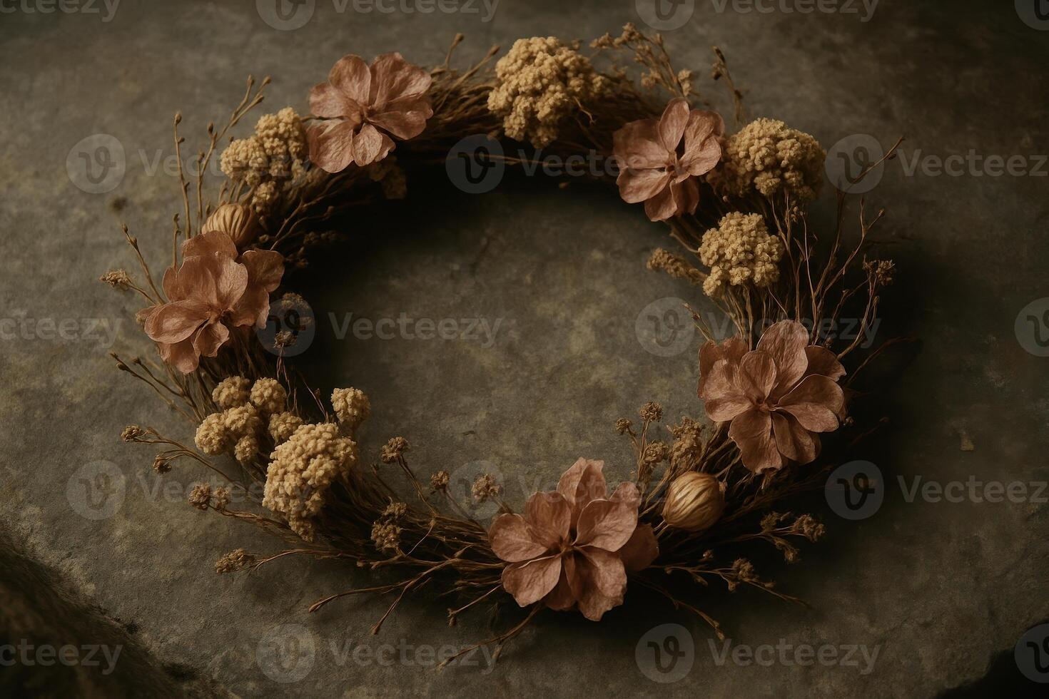 Rustic dried flower and twig wreath artfully arranged on a stone surface photo