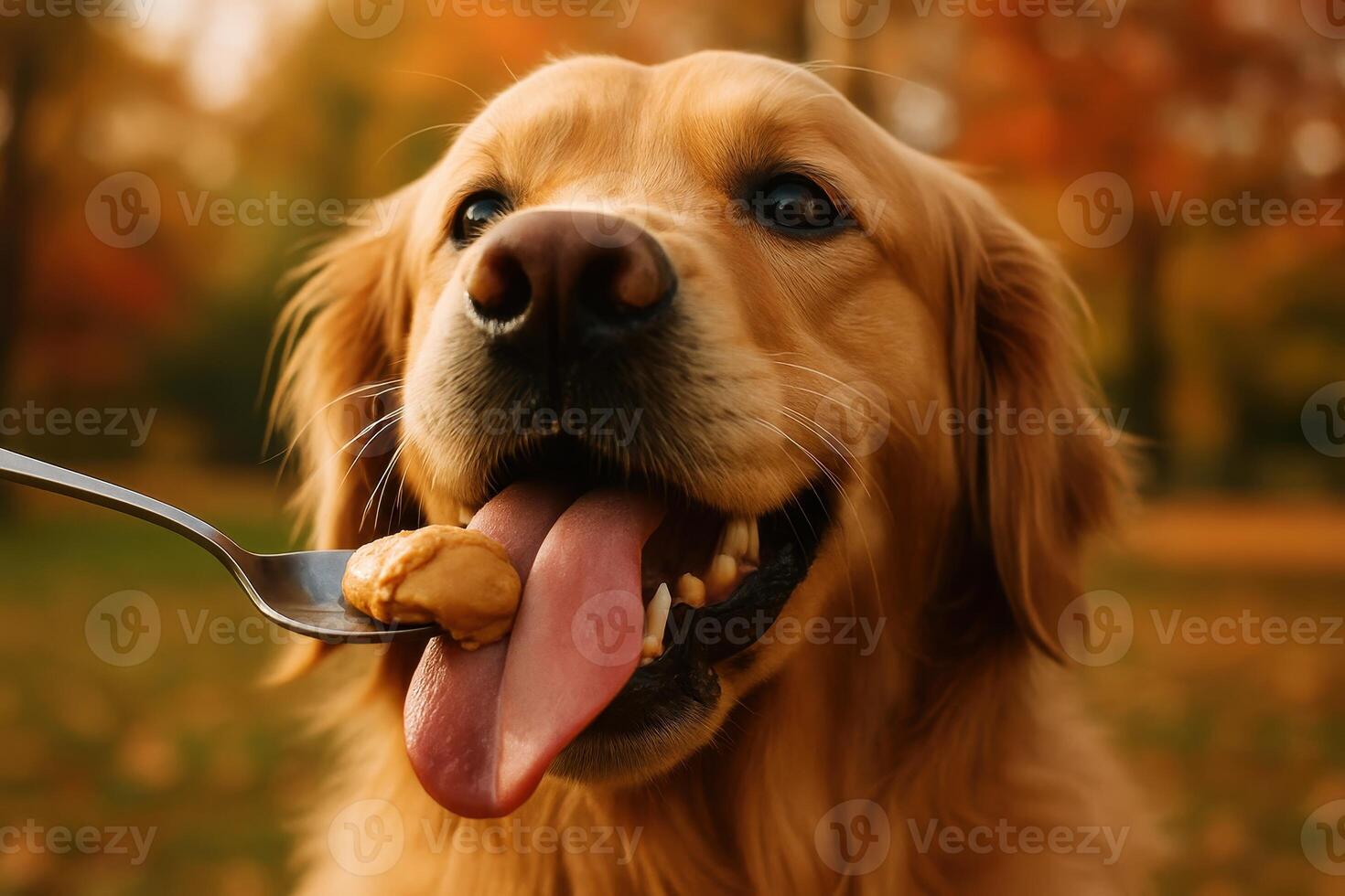 Golden retriever dog with tongue out happily licking peanut butter from a spoon photo