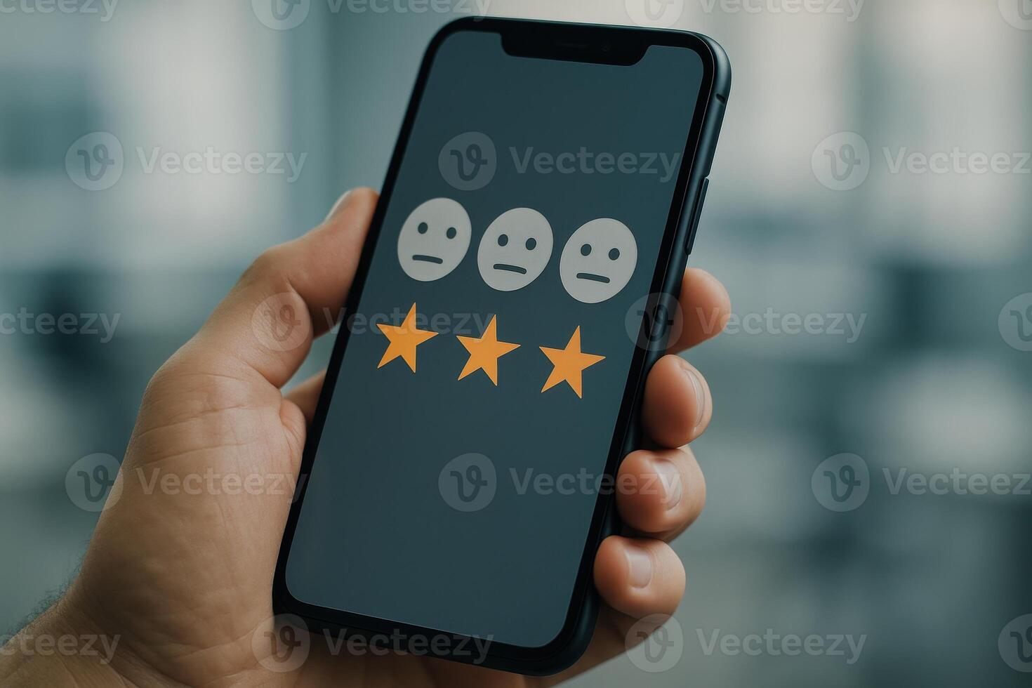 Hand holding smartphone displaying three star customer satisfaction rating with neutral faces photo