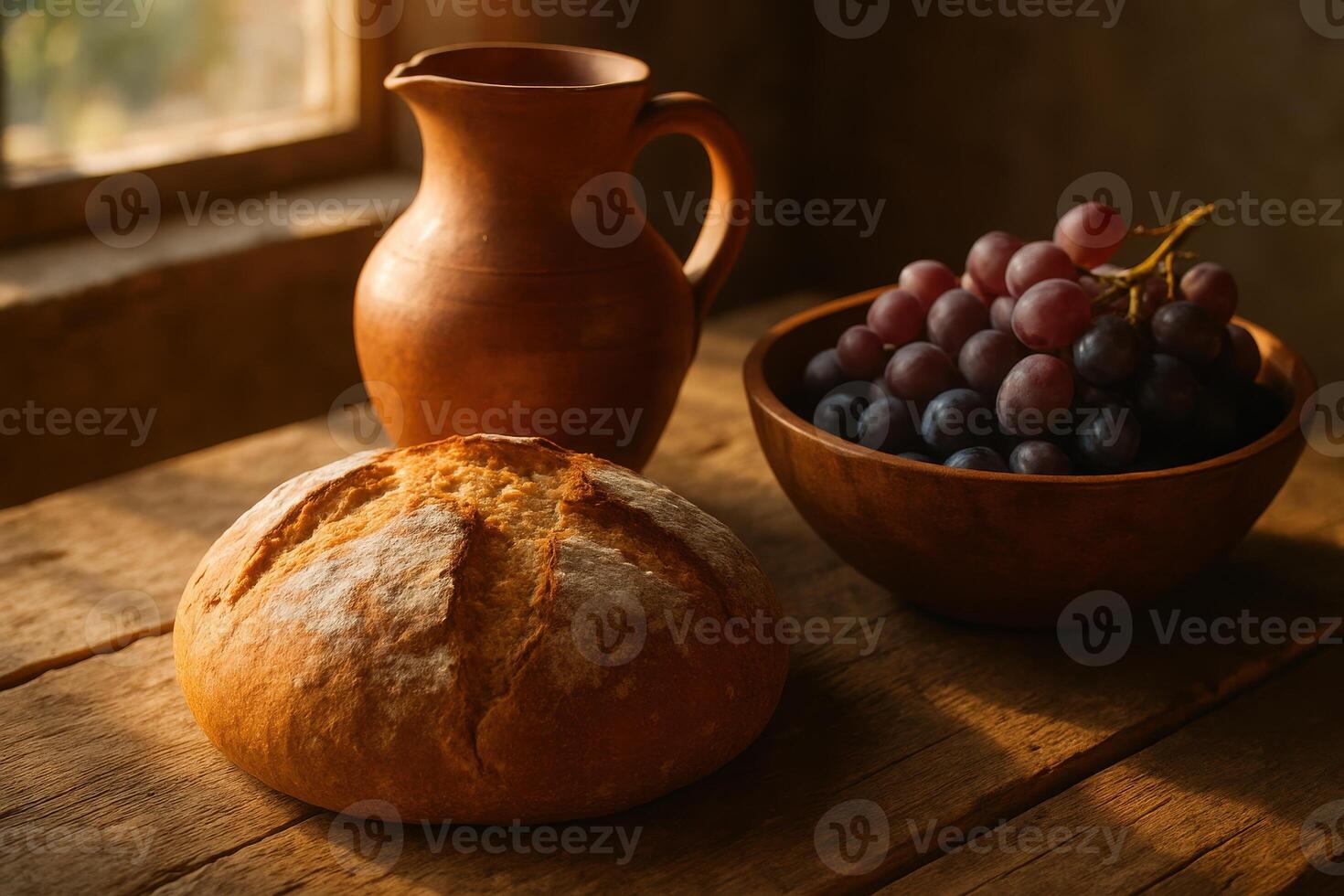 Rustic still life with freshly baked bread, terracotta jug, and grapes on a wooden table photo
