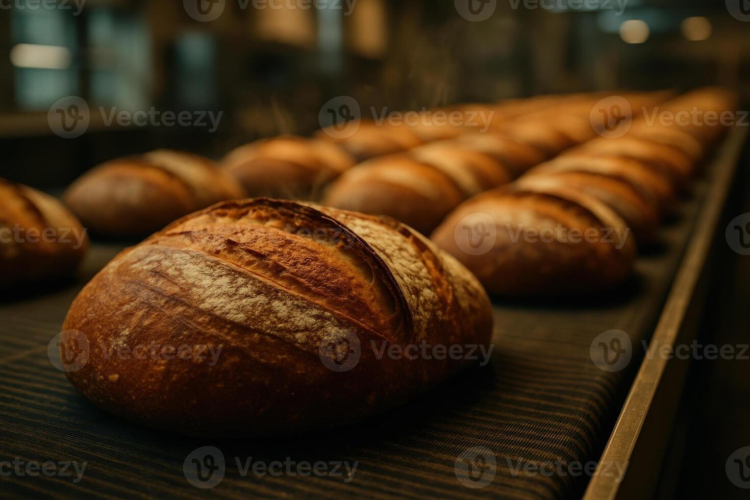 Golden brown sourdough bread loaves on automated conveyor belt in bakery photo
