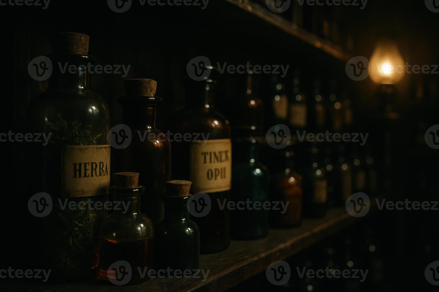 Antique glass bottles on a dimly lit apothecary shelf with old labels photo