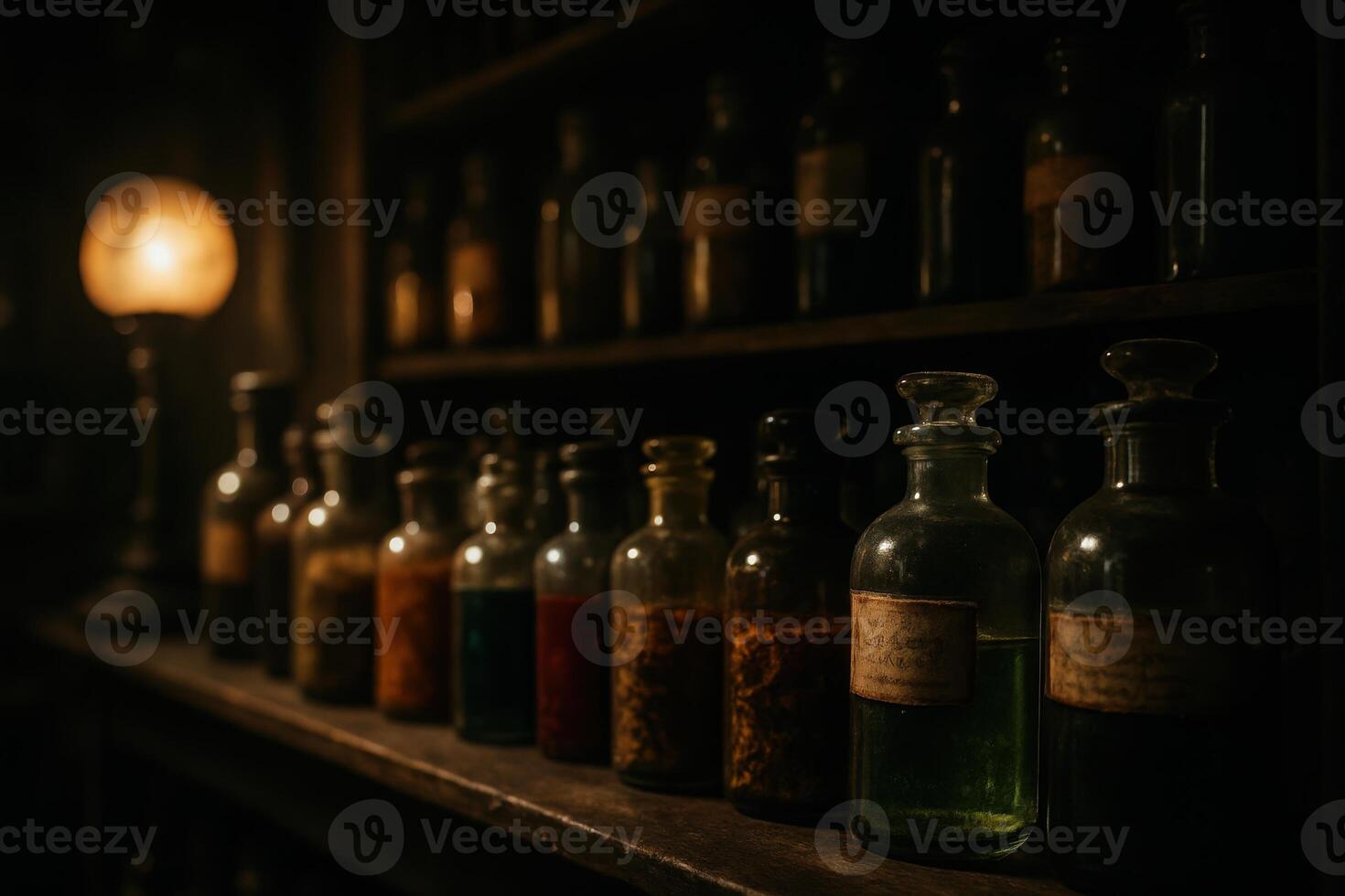 Antique glass bottles with potions and herbs in a dimly lit old apothecary shop photo