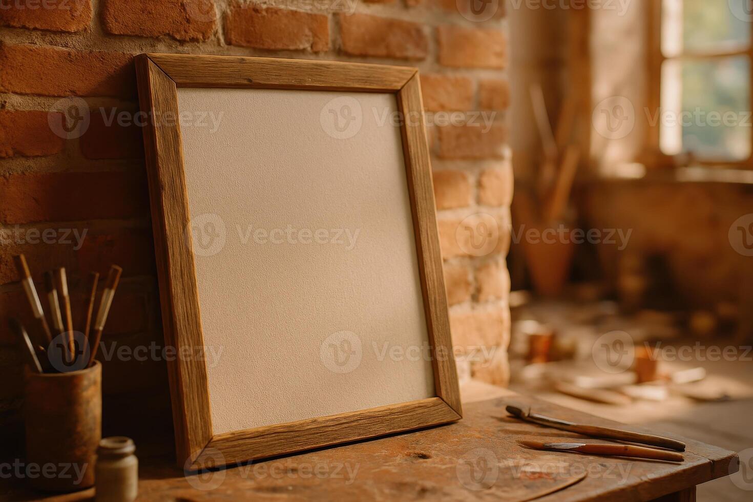 Blank canvas with rustic wooden frame leaning against a brick wall in a sunlit art studio photo