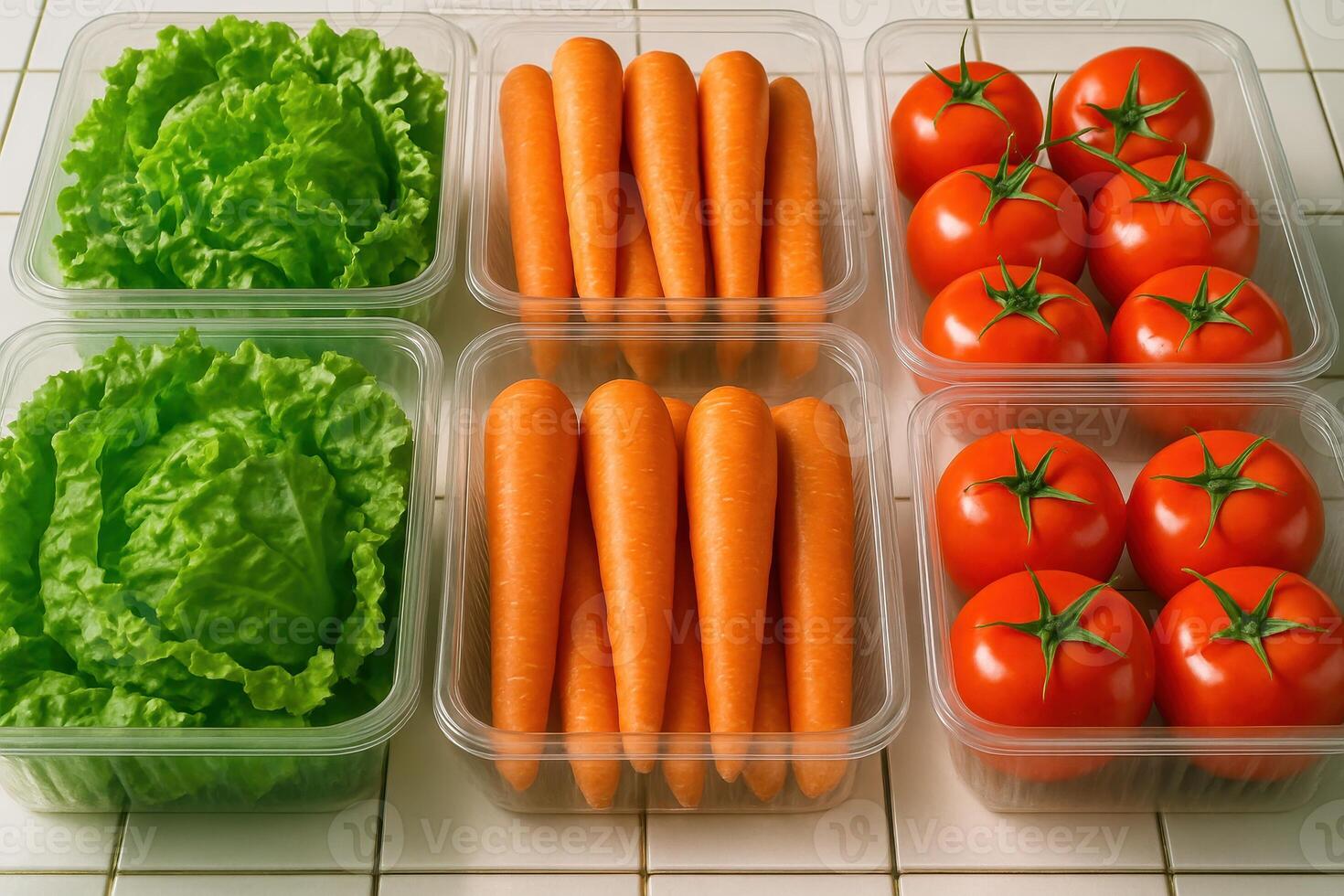 Fresh lettuce, carrots, and ripe tomatoes neatly arranged in clear plastic containers photo
