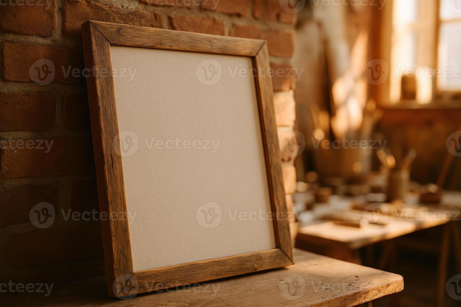 Blank canvas in a rustic wooden frame against a brick wall in a sunlit artist studio. photo