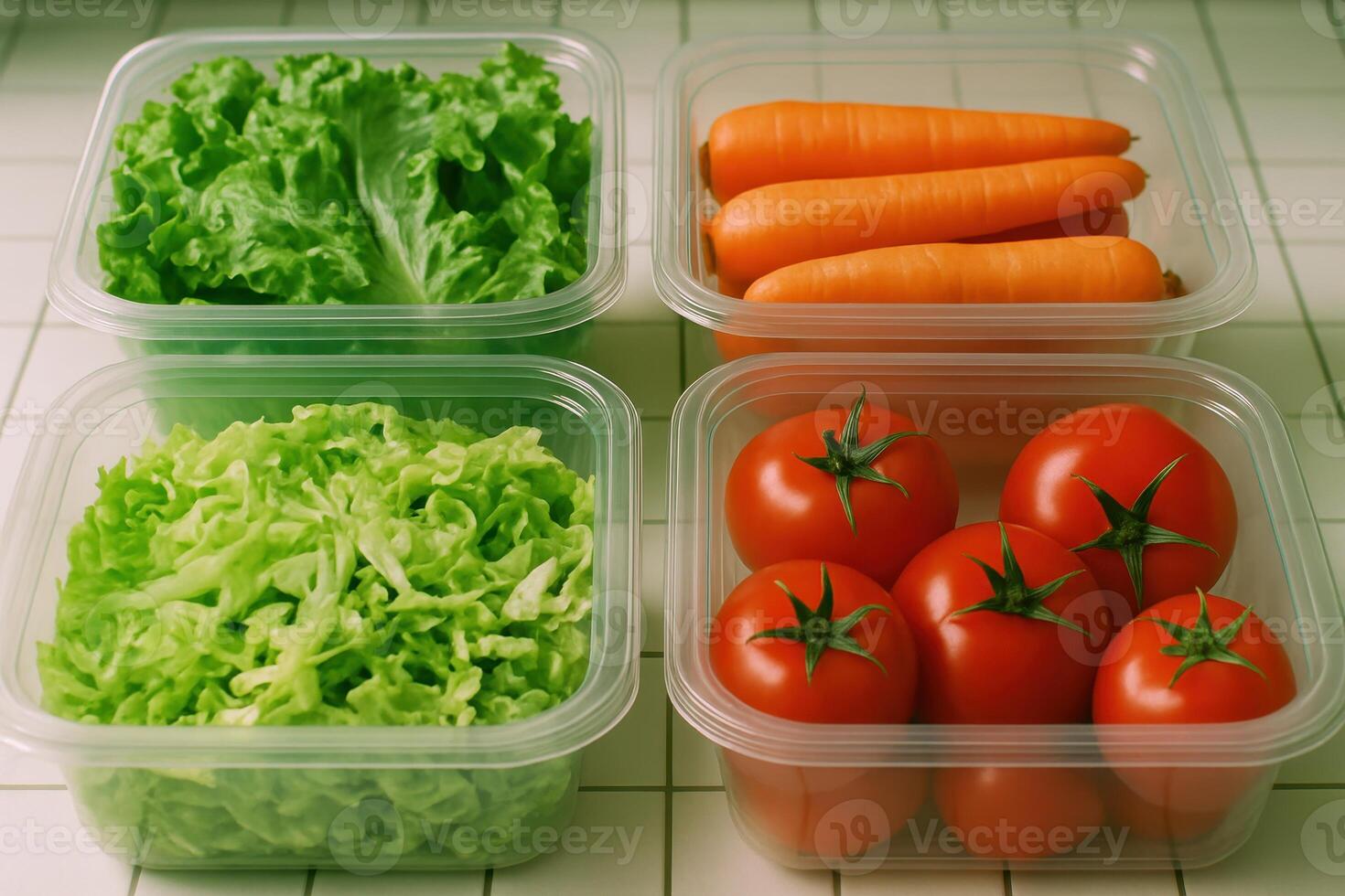 Fresh lettuce, carrots, and tomatoes in transparent plastic containers for meal prep photo