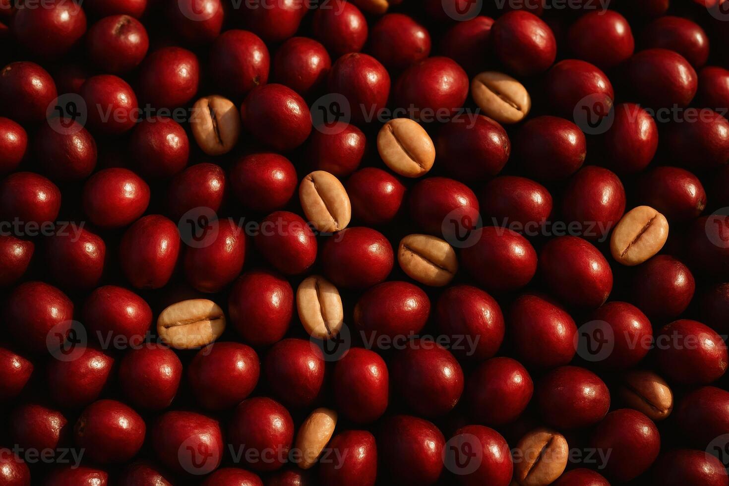 Close up full frame of freshly harvested deep red coffee cherries and raw parchment beans photo