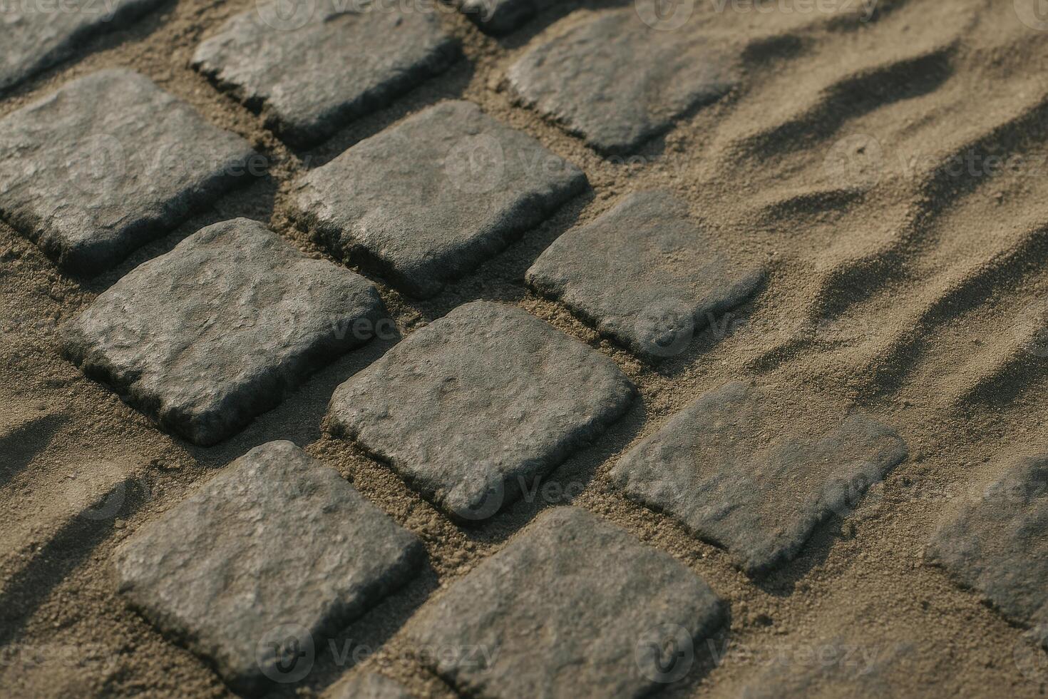 Rough gray cobblestone path with sand and visible texture in close up view photo
