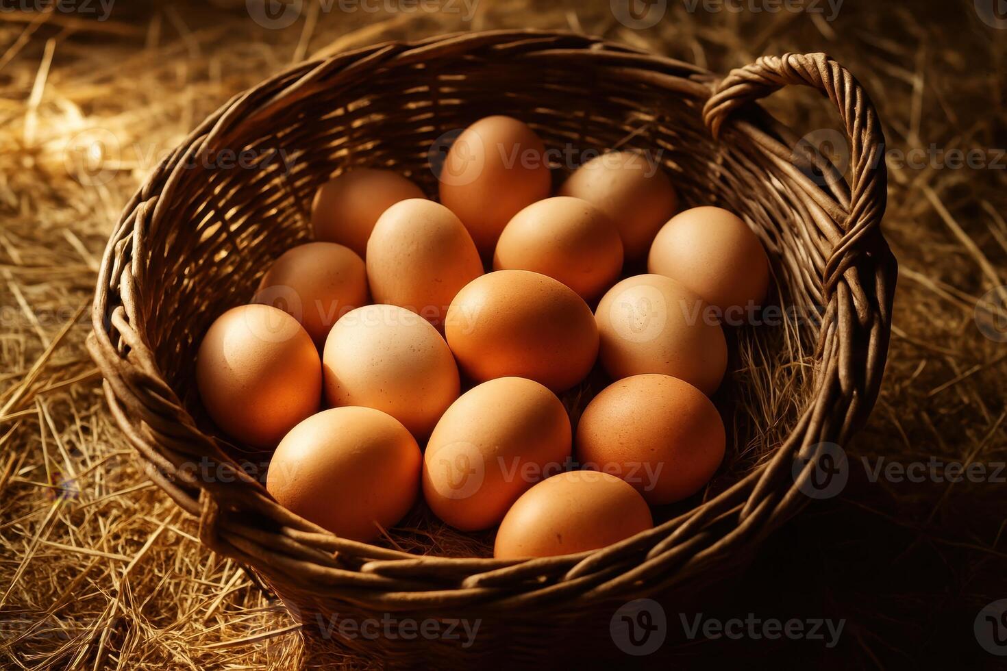 Rustic woven basket brimming with fresh brown farm eggs resting on a bed of straw photo