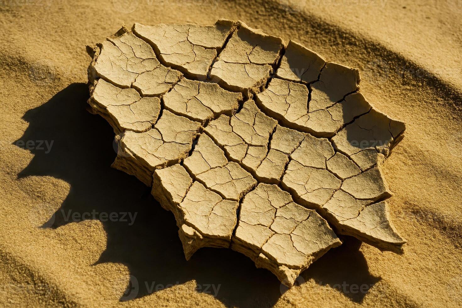Dried cracked mud piece on desert sand symbolizing drought and aridity photo