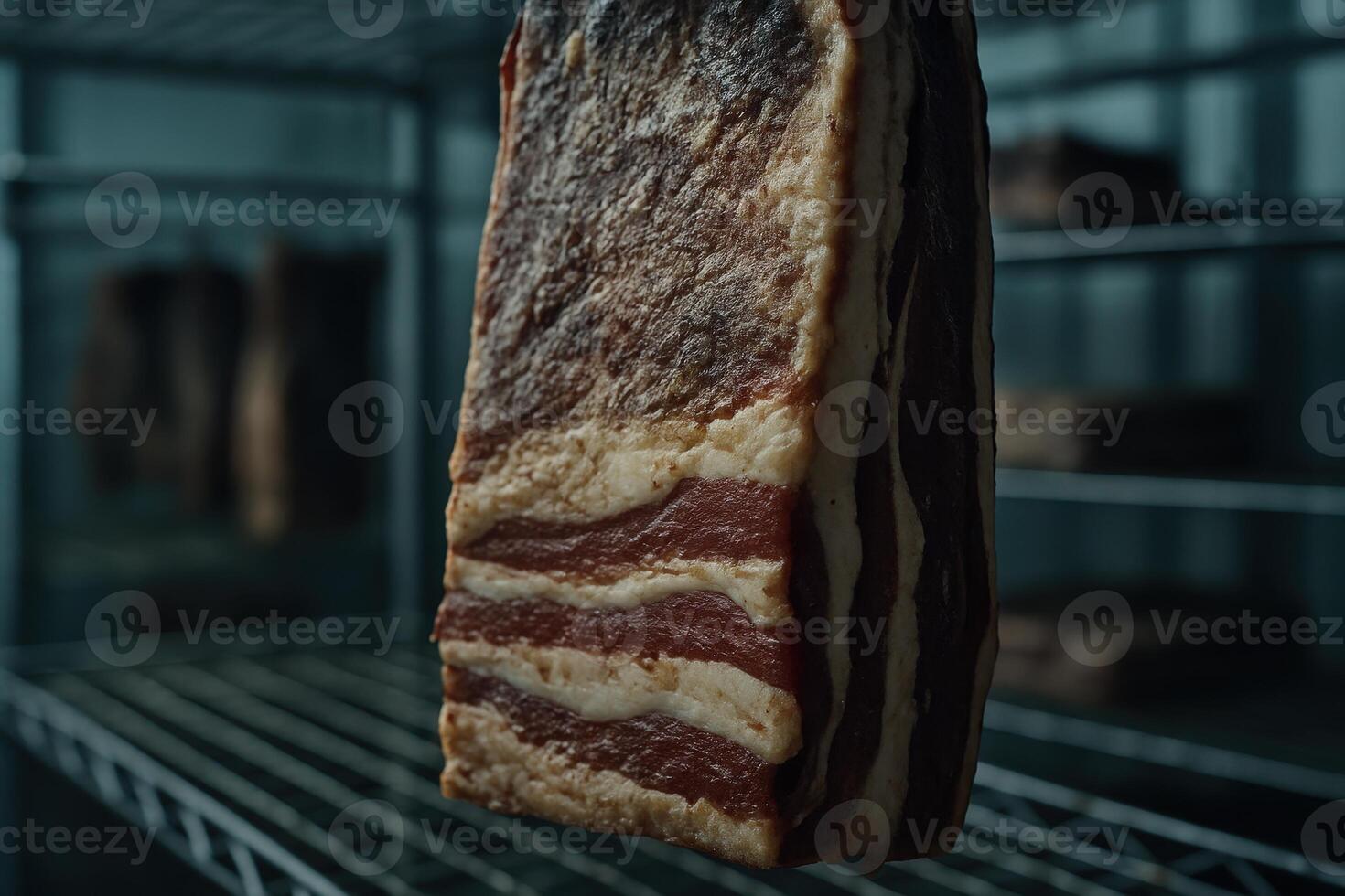 Close up of a large raw pork belly slab hanging in a refrigerated meat aging room photo