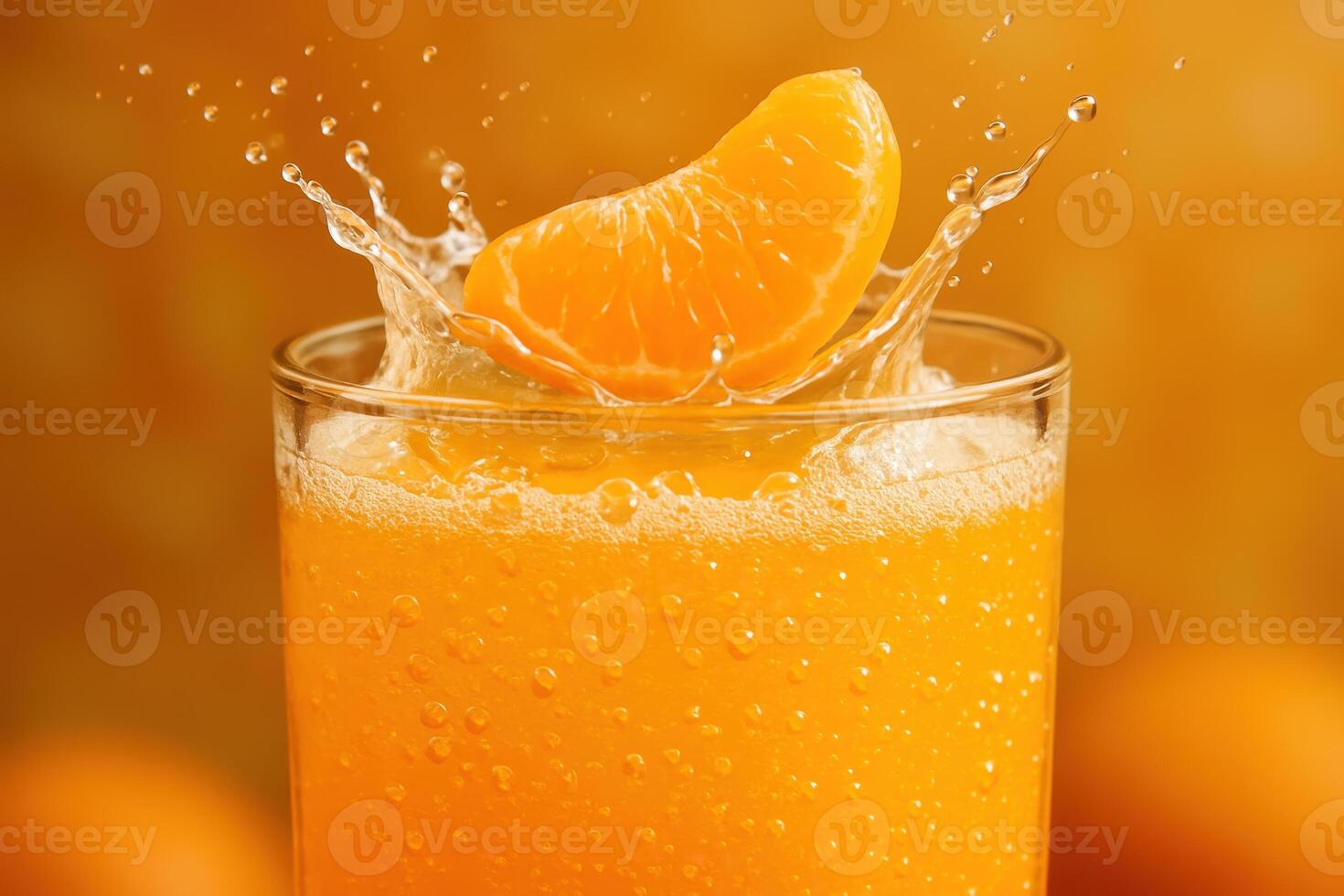 Refreshing orange juice splashing with a fresh citrus segment dropping into a glass photo